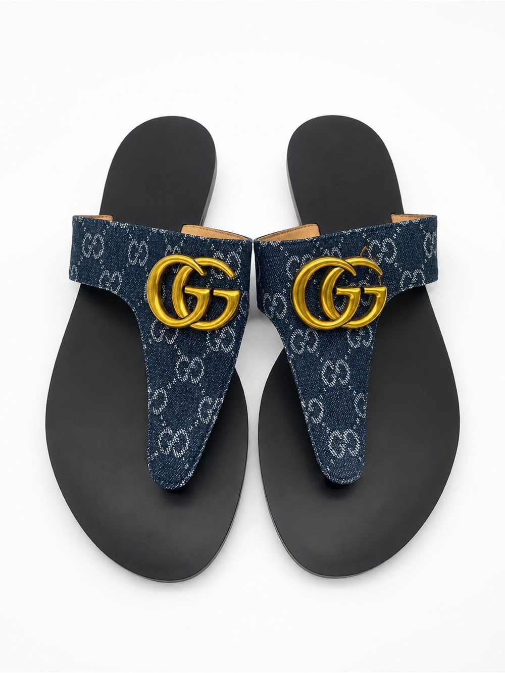 Gucci GG Denim Thong Sandals Blue Gold Logo Size 42 US 12